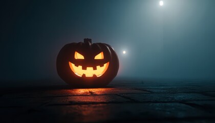 Spooky Jack O Lantern Glowing In The Fog On Halloween Night