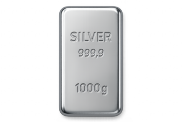 Silver bar ingot on transparent background weighing 1000 grams with a purity of 999.9