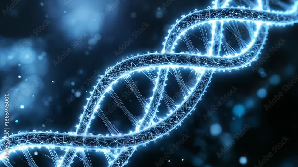 Poster glowing dna helix rotating on dark blue background with bokeh effect
