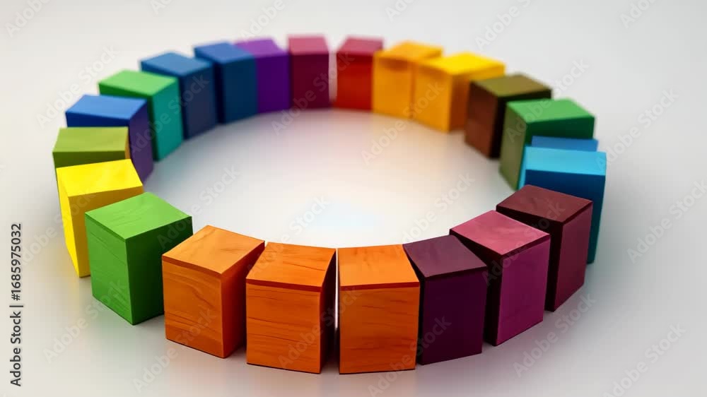 Poster harmonious spectrum: a captivating circular arrangement of vibrantly colored blocks. embodying the b