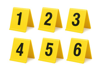 Set of yellow crime scene markers indicating evidence numbering from one to six on transparent background