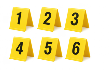 Set of yellow crime scene markers indicating evidence numbering from one to six on transparent background