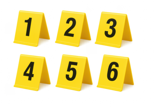 Set of yellow crime scene markers indicating evidence numbering from one to six on transparent background