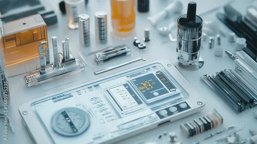 Poster futuristic smartphone with transparent design and electronic components displaying data