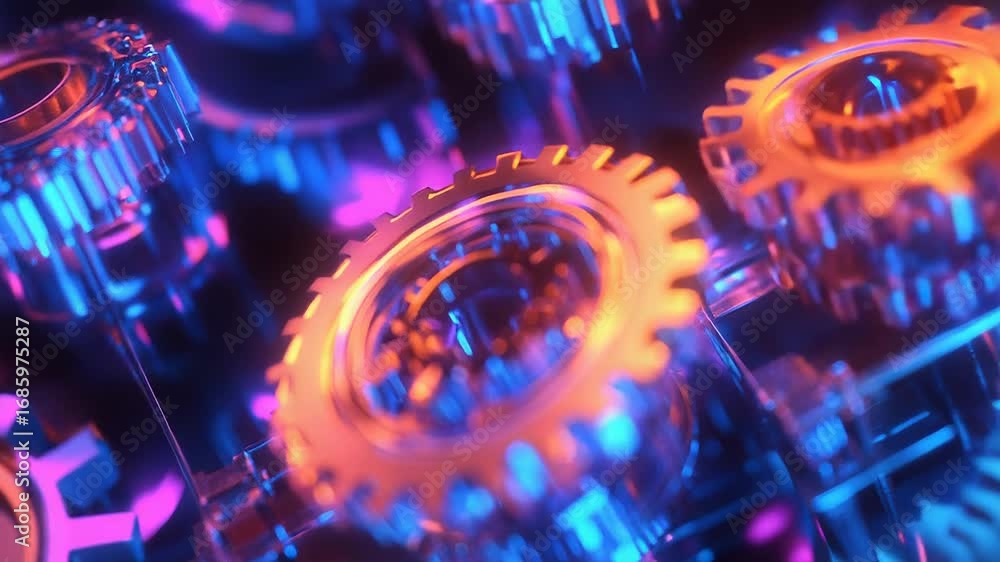 Aufkleber gears rotating smoothly in complex mechanism with neon lights