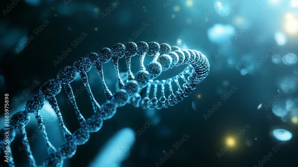 Poster dna double helix rotating in a microscopic environment with glowing particles