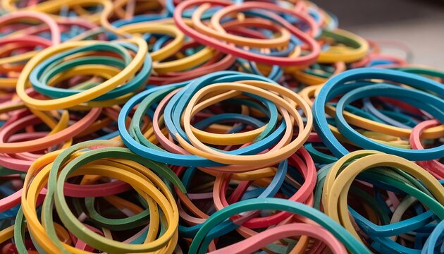 Close-up view of a large pile of colorful rubber bands