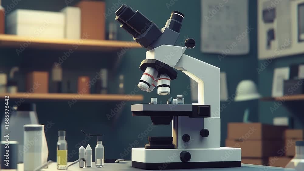 Poster microscope analyzing samples in research laboratory setting