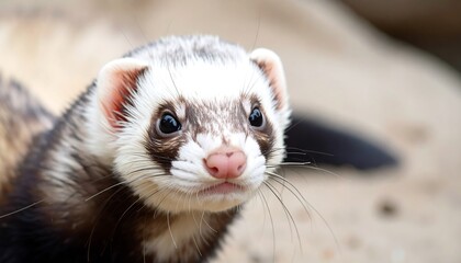 Close-up of a cute ferret with brown and white fur, looking intently at the camera