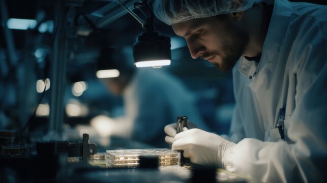 A technician performing a quality assessment on a new batch of recycled magnets using calipers to measure their dimensions to confirm they meet specific requirements for reuse in new