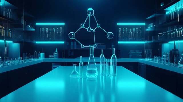 Futuristic laboratory showing glassware and molecular model glowing with blue light