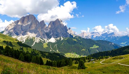 Fototapeta premium A vibrant mountain vista with a lush green valley, a clear blue sky, and fluffy white clouds