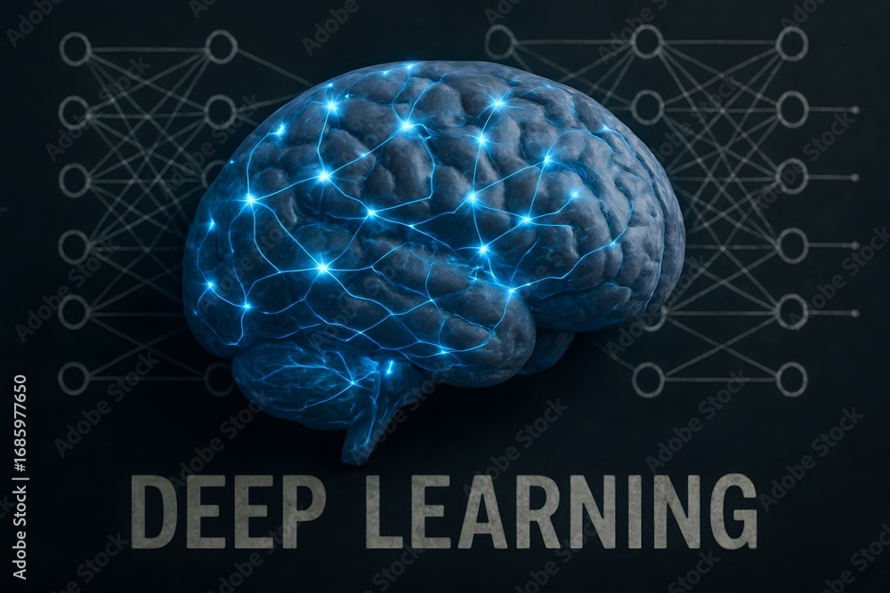 Poster a digital representation of deep learning with the brain's neural network.