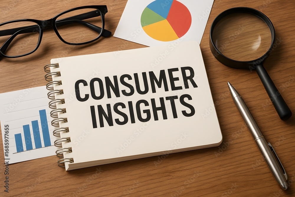 Poster notebook with the words consumer insights and related objects.