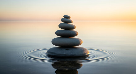 Serene stone cairn balanced on calm water creating ripples at golden hour sunset
