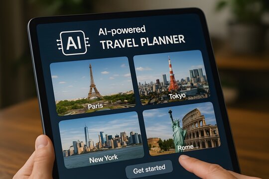 AI Travel Planner on a Tablet.  - Powered by Adobe