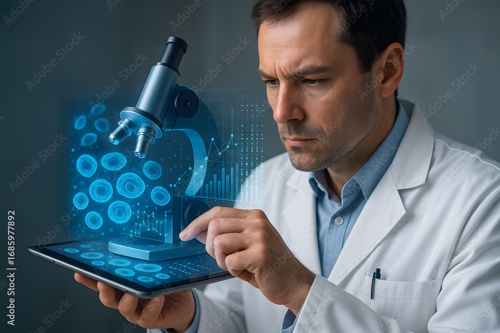 Poster scientist analyzing data with digital microscope.