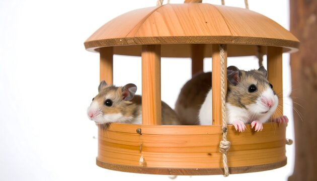 Two hamsters in a wooden birdhouse