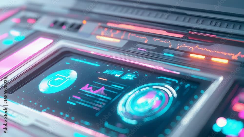 Poster futuristic control panel showing charts and data analysis with glowing lights