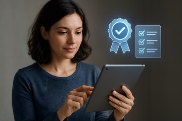 Woman using tablet with quality assurance icon. 