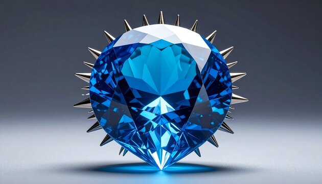 Large faceted blue gemstone with brilliant cut, set in silver claw prongs, reflecting light vividly against a plain background
