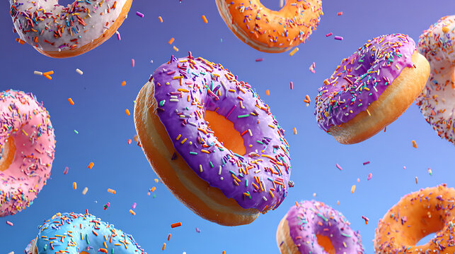 Colorful donuts with sprinkles floating against a vibrant blue background, creating a whimsical scene
