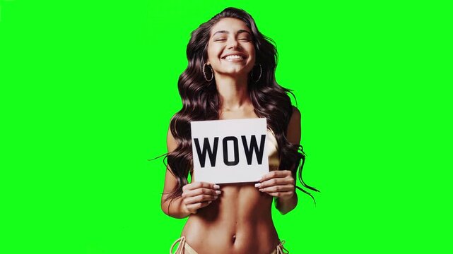 Real video of a smiling brunette woman in a golden bikini holding a white sign with the word &ldquo;WOW&rdquo; in bold black letters. The subject is isolated on a vivid green chroma key background, perfect for ea