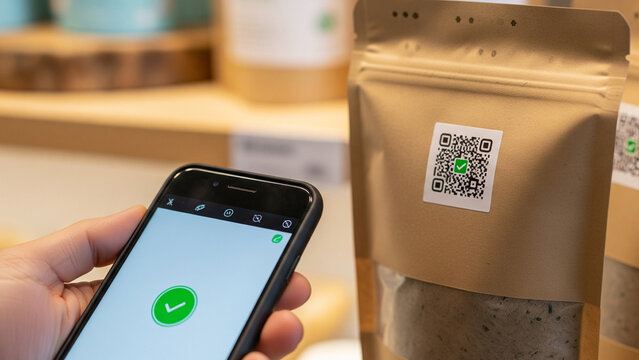 Person scans qr code on product packaging with smartphone for information access.