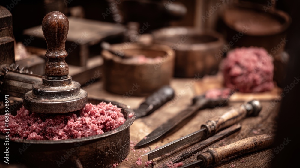 Poster medium shot of a rustic meat grinder station showing tools and ground meat in progress the main grin