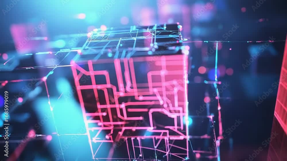 Poster complex glowing cube structure connecting data in cyberspace
