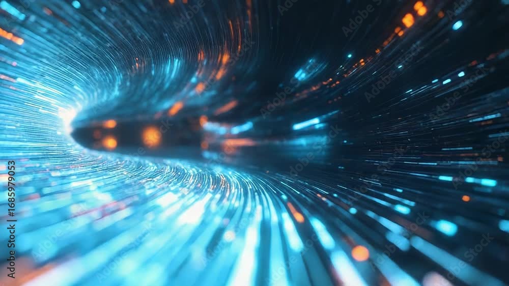 Poster digital data stream flowing through cyberspace tunnel