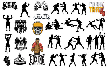 Dynamic Boxing Graphics: A dynamic assortment of boxing-themed graphics and silhouettes, capturing the essence of the sport, featuring diverse action shots, logo emblems, and funny bold typography.
