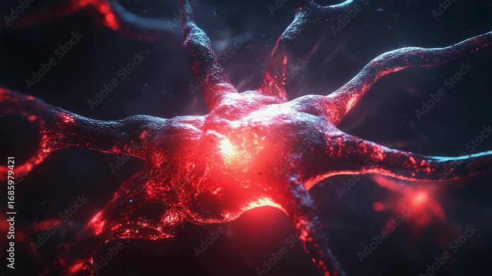 Poster glowing neuron sending signals in the brain, microscopic view