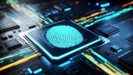 Close-up of a glowing blue fingerprint on a digital circuit board with microchips and wires, representing digital compliance tools in a futuristic technology environment. - Powered by Adobe