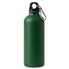 Green Aluminum Water Bottle with Black Cap and Metal Carabiner on White Background