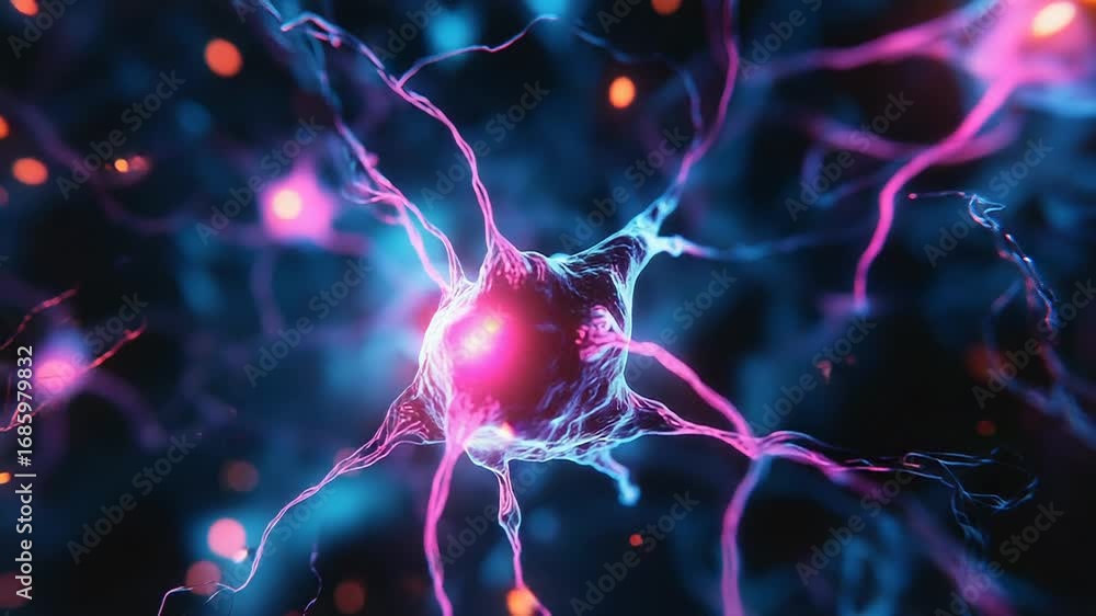 Poster neuron transmitting signals in nervous system, microscopic close up