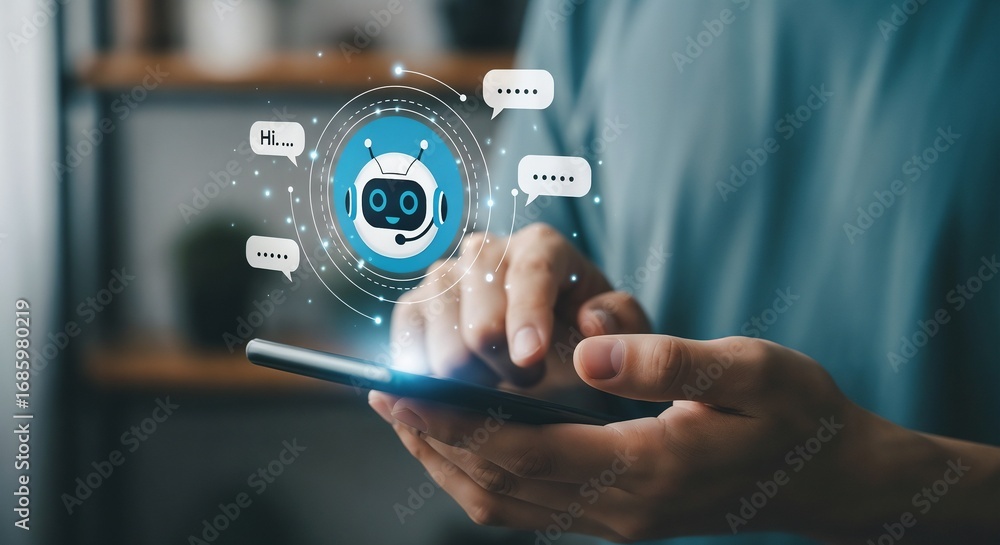 Poster close-up of a person's hands holding a smartphone and interacting with an ai chatbot. a futuristic c