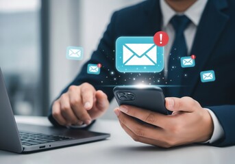 "A businessman in a suit and tie checks his smartphone at his desk. A floating digital interface shows a central email icon with a red exclamation mark for a new, important message, surrounded by othe