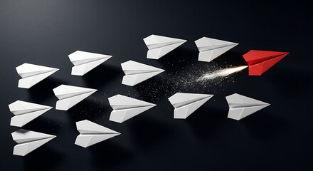 Inspiring red paper airplane leads white flock, sparking innovation and forward momentum towards success.