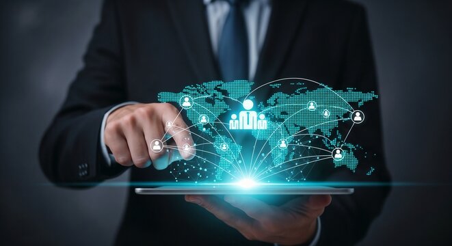 "A professional in a dark suit holds a tablet displaying a glowing, interconnected global network. A holographic world map is projected above the device, showing a central team icon connected to numer - Powered by Adobe