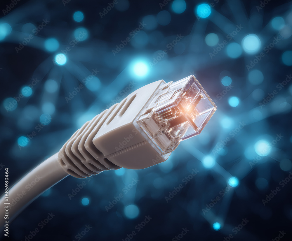 Poster close up of an internet ethernet cable connector with a glowing light against a blurry data network 