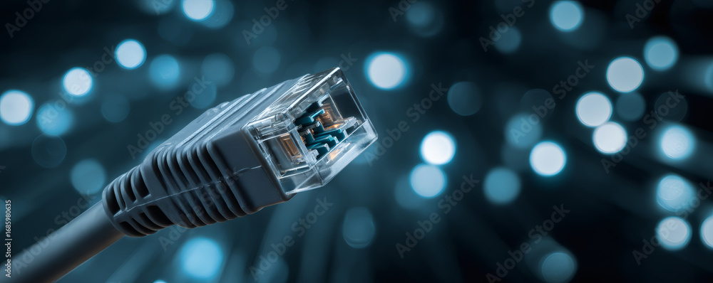 Poster close up of an internet ethernet cable connector with blurred light dots. high speed data transmissi