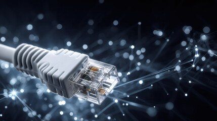 White ethernet cable on dark background with fiber optic light trails. Internet connection for network communication.