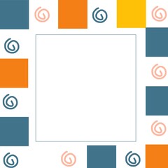 Minimalist geometric frame design with colorful squares and spiral doodles surrounding a central circle on white background. Perfect for invitations, templates, and modern decorative layouts