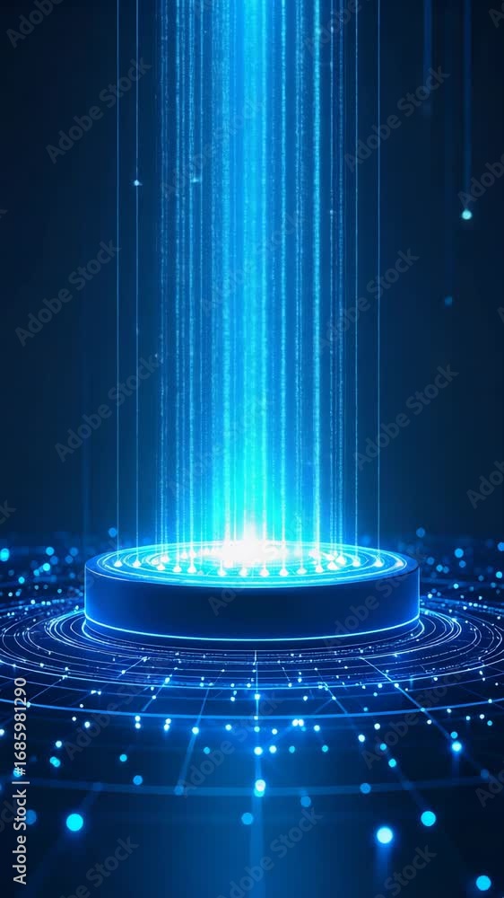 Poster futuristic portal with streams of light and particles ascending from circular platform, technologica