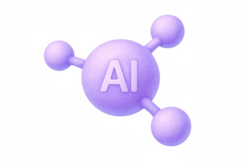 Purple 3d ai molecule model with a transparent background, showcasing a futuristic design element for technology and science concepts