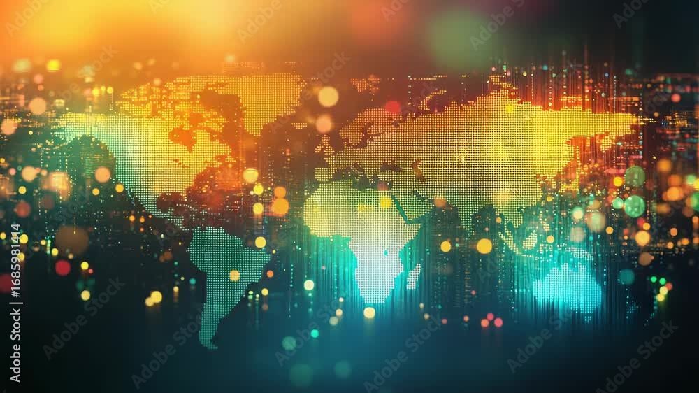 Poster colorful world map showing global connections and data flow