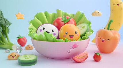 3d Cartoon salad bowl mockup cute and colorful