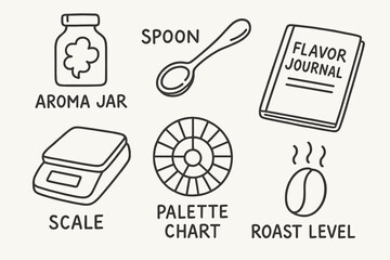 Coffee Tasting Tools. Coffee tasting tools: hand drawn doodles of aroma jar, spoon, scale, flavor journal, palette chart, and