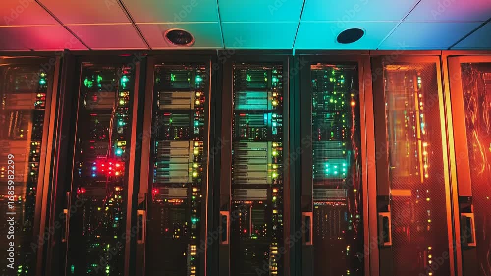 Poster server racks blinking in data center with colorful lights